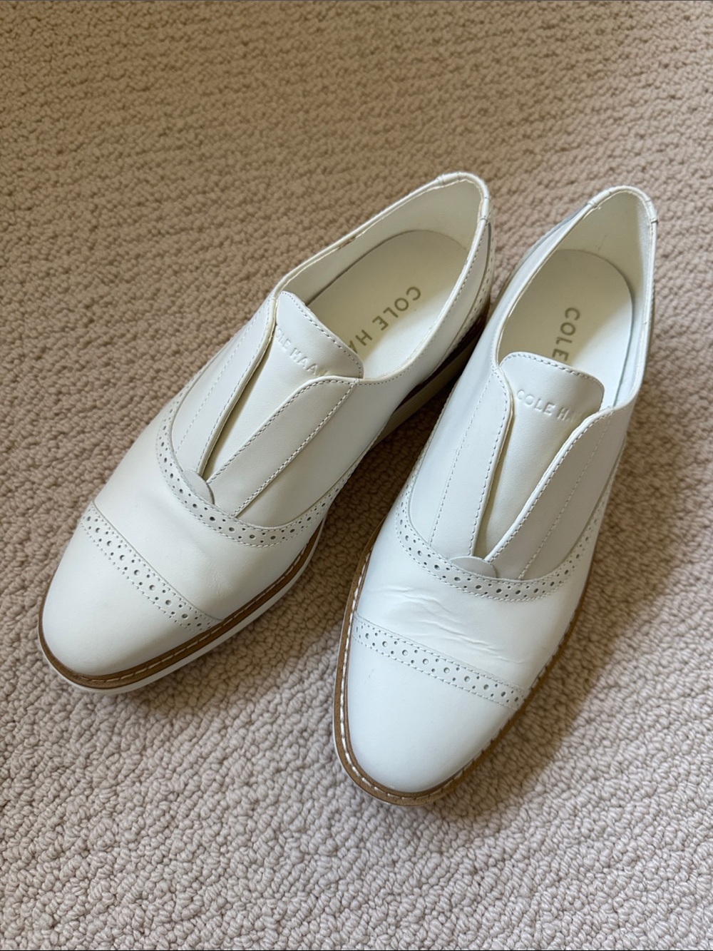 Cole Haan White Leather Slip-On Loafers with Brogue Detail